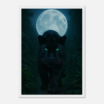 Wild Nights Panther Poster mit weißem Holzrahmen – elegante Tierkunst mit Panther unter dem Vollmond.