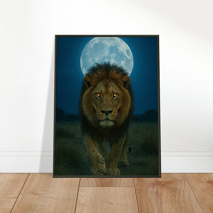Wild Nights – The Lion Poster an die Wand gelehnt – majestätischer Löwe unter Vollmond, stilvolle Tierkunst mit Charakter.