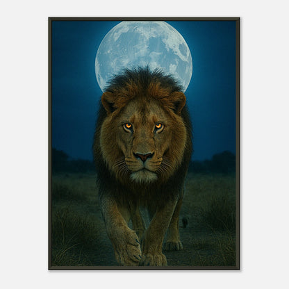 Wild Nights – The Lion Poster mit majestätischem Löwen unter dem Vollmond im schwarzen Metallrahmen. Kraftvolle Tierkunst von Defa Designs.