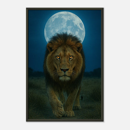Seitenansicht des Wild Nights – The Lion Posters mit Löwe und Vollmond im schwarzen Metallrahmen, elegante Tiefenwirkung.