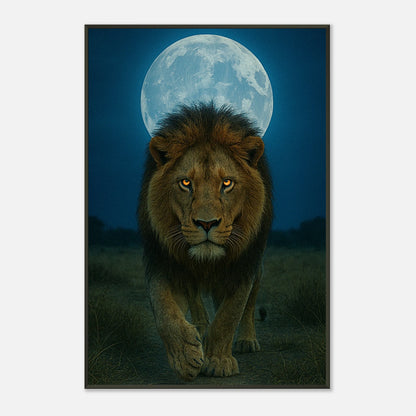 Schrägansicht des Wild Nights – The Lion Posters – realistisches Löwenmotiv mit sanften Lichtreflexen im schwarzen Metallrahmen.