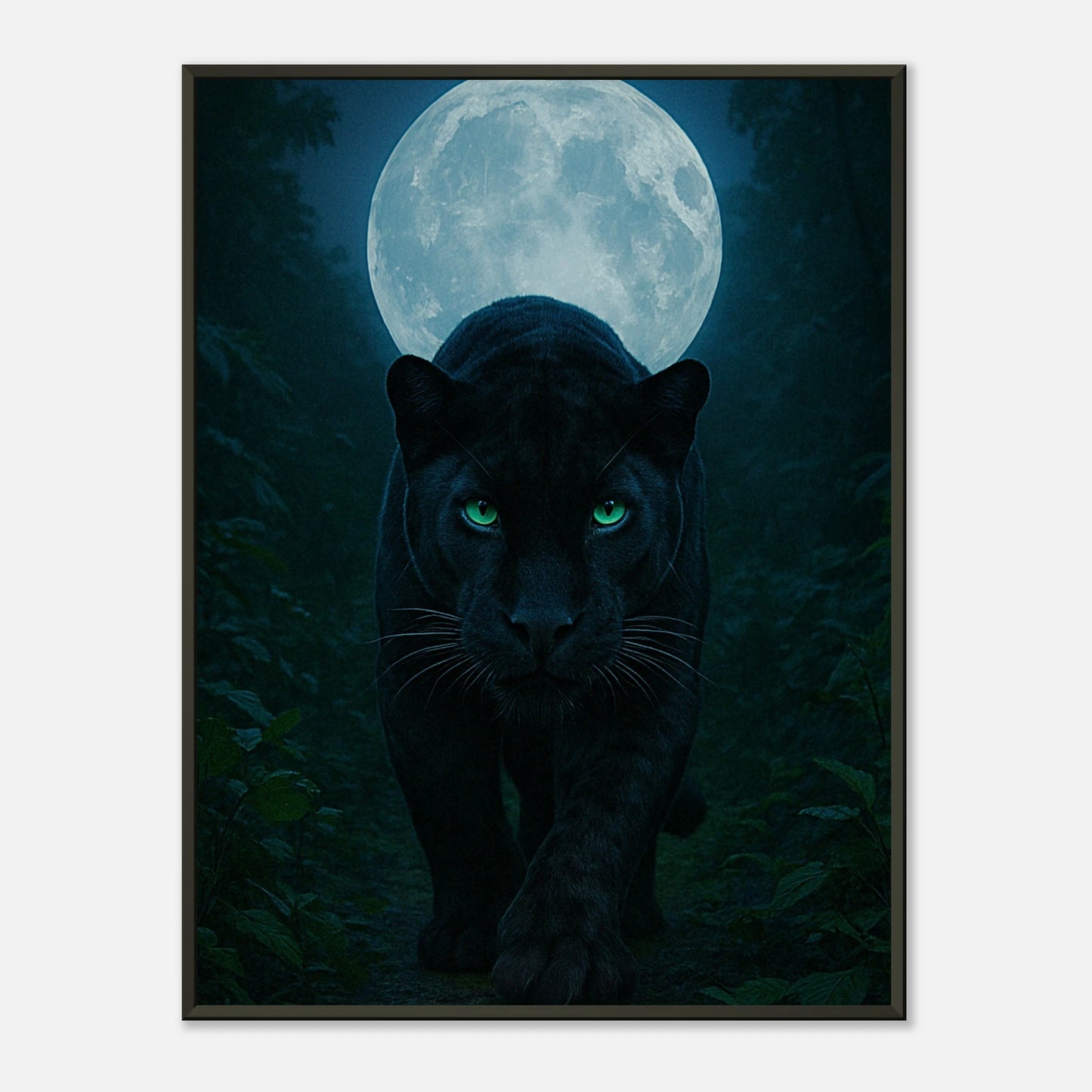 Wild Nights – The Panther Poster mit schwarzem Panther unter Vollmond, in schwarzem Metallrahmen – mystische Tierkunst von Defa Designs.