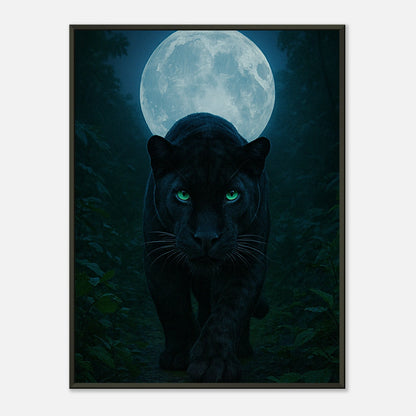 Wild Nights – The Panther Poster mit schwarzem Panther unter Vollmond, in schwarzem Metallrahmen – mystische Tierkunst von Defa Designs.