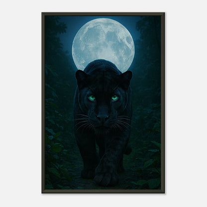 Seitliche Ansicht des Wild Nights – The Panther Posters mit schwarzem Panther unter Mondlicht im eleganten Metallrahmen.