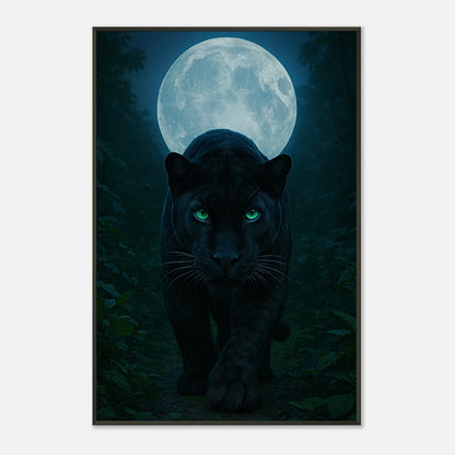 Schrägansicht des Wild Nights – The Panther Posters mit intensivem Pantherblick und Vollmond-Hintergrund, schwarzer Metallrahmen.