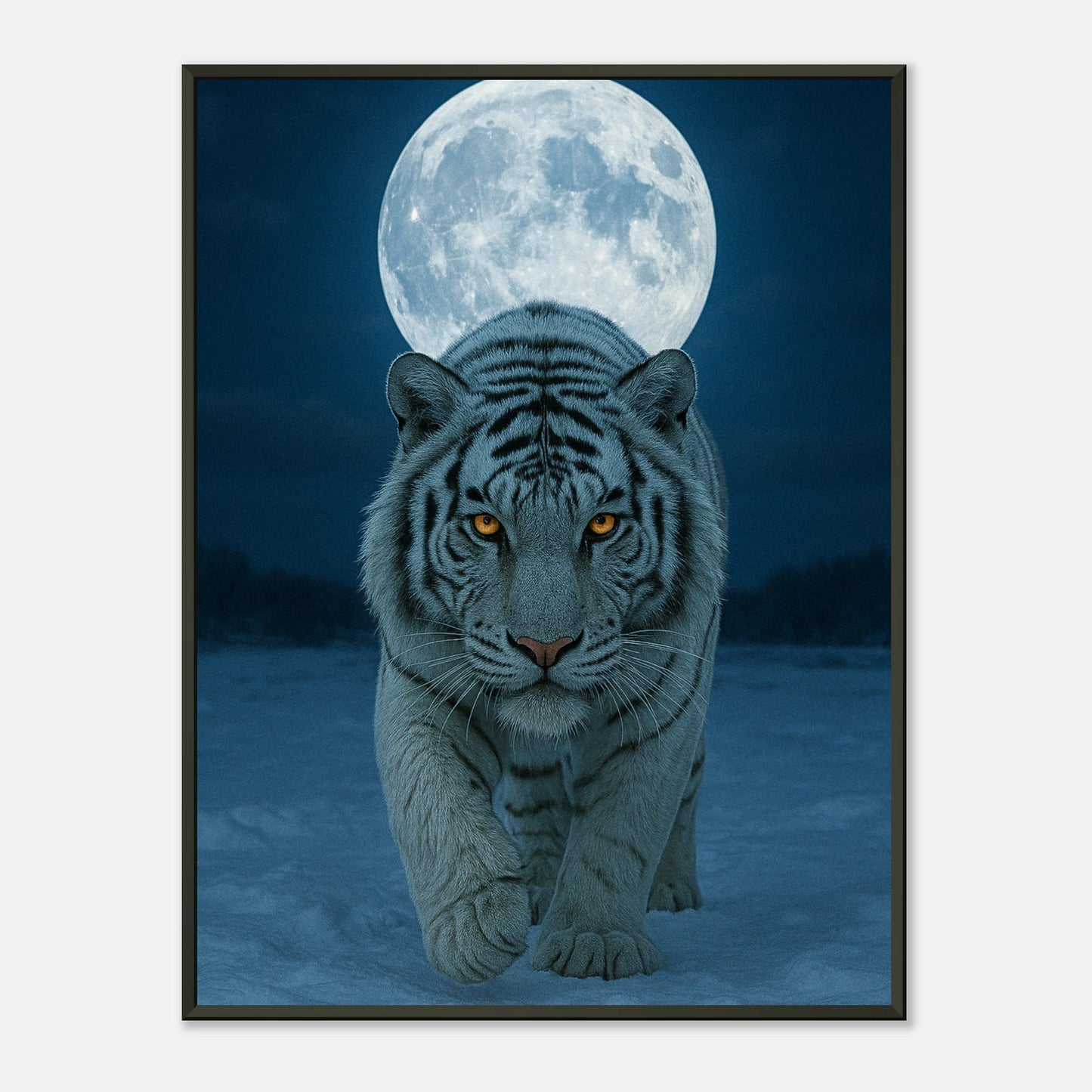 Wild Nights – The White Tiger Poster – majestätischer weißer Tiger unter dem Mond im eleganten schwarzen Metallrahmen, Premium Kunstdruck von Defa Designs.