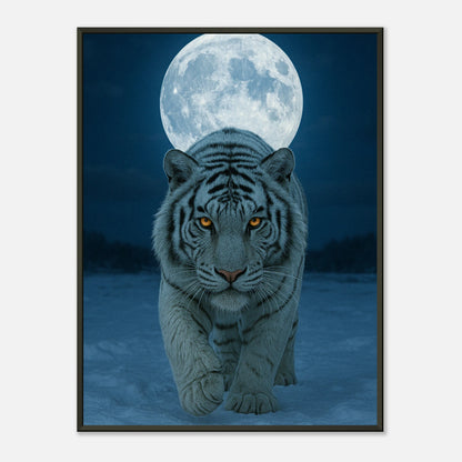 Wild Nights – The White Tiger Poster – majestätischer weißer Tiger unter dem Mond im eleganten schwarzen Metallrahmen, Premium Kunstdruck von Defa Designs.