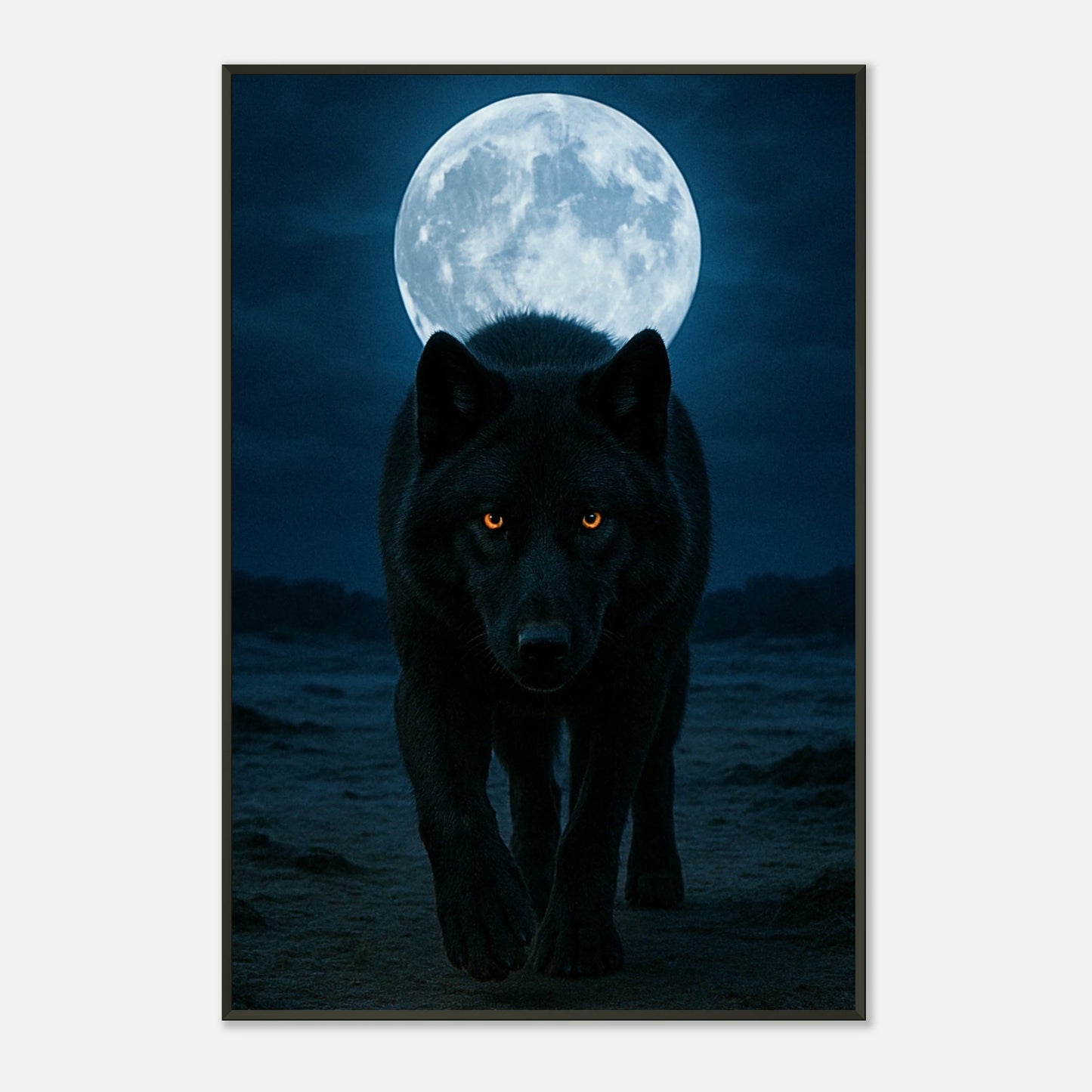 Detailaufnahme des Wolfsposters – feine Druckdetails, kräftige Blautöne und scharfe Kontraste im schwarzen Metallrahmen von Defa Designs.