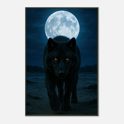 Detailaufnahme des Wolfsposters – feine Druckdetails, kräftige Blautöne und scharfe Kontraste im schwarzen Metallrahmen von Defa Designs.