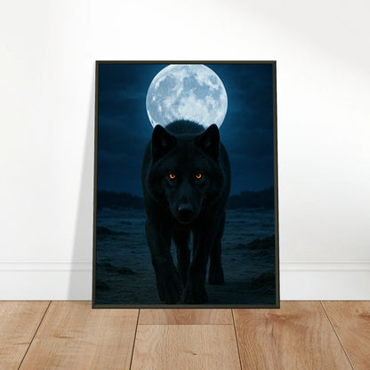 Wolfsposter Wild Nights – The Wolf, angelehnt an Wand auf Holzoberfläche, ausdrucksstarke Tierkunst im eleganten schwarzen Metallrahmen.