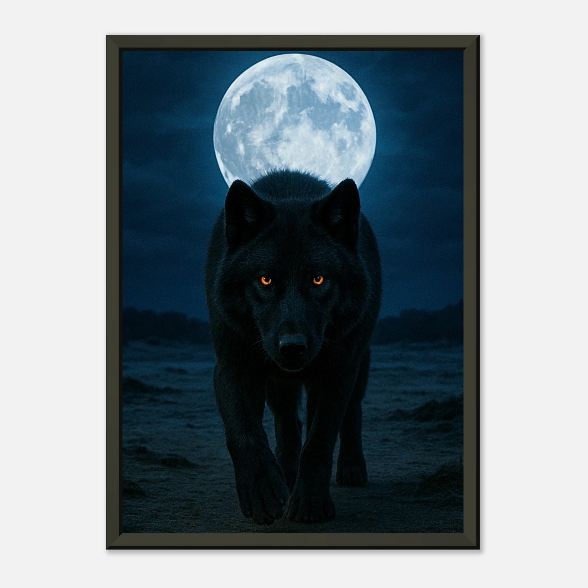 Schrägansicht des Wild Nights – The Wolf Posters – mystischer schwarzer Wolf vor dem Vollmond, moderne Tierkunst mit Tiefe und Ausdruck.