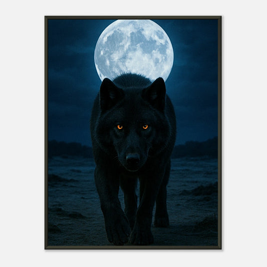Wild Nights – The Wolf Poster zeigt einen schwarzen Wolf unter dem Vollmond, kraftvolle Tierkunst im schwarzen Metallrahmen – exklusiv von Defa Designs.