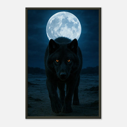 Seitliche Ansicht des Wild Nights – The Wolf Posters mit schwarzem Wolf und Vollmond, hochwertige Wandkunst mit schwarzem Metallrahmen.