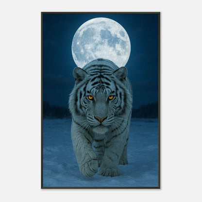 Schrägansicht des Wild Nights Posters – der weiße Tiger im Mondlicht, kraftvoll und geheimnisvoll im schwarzen Metallrahmen.