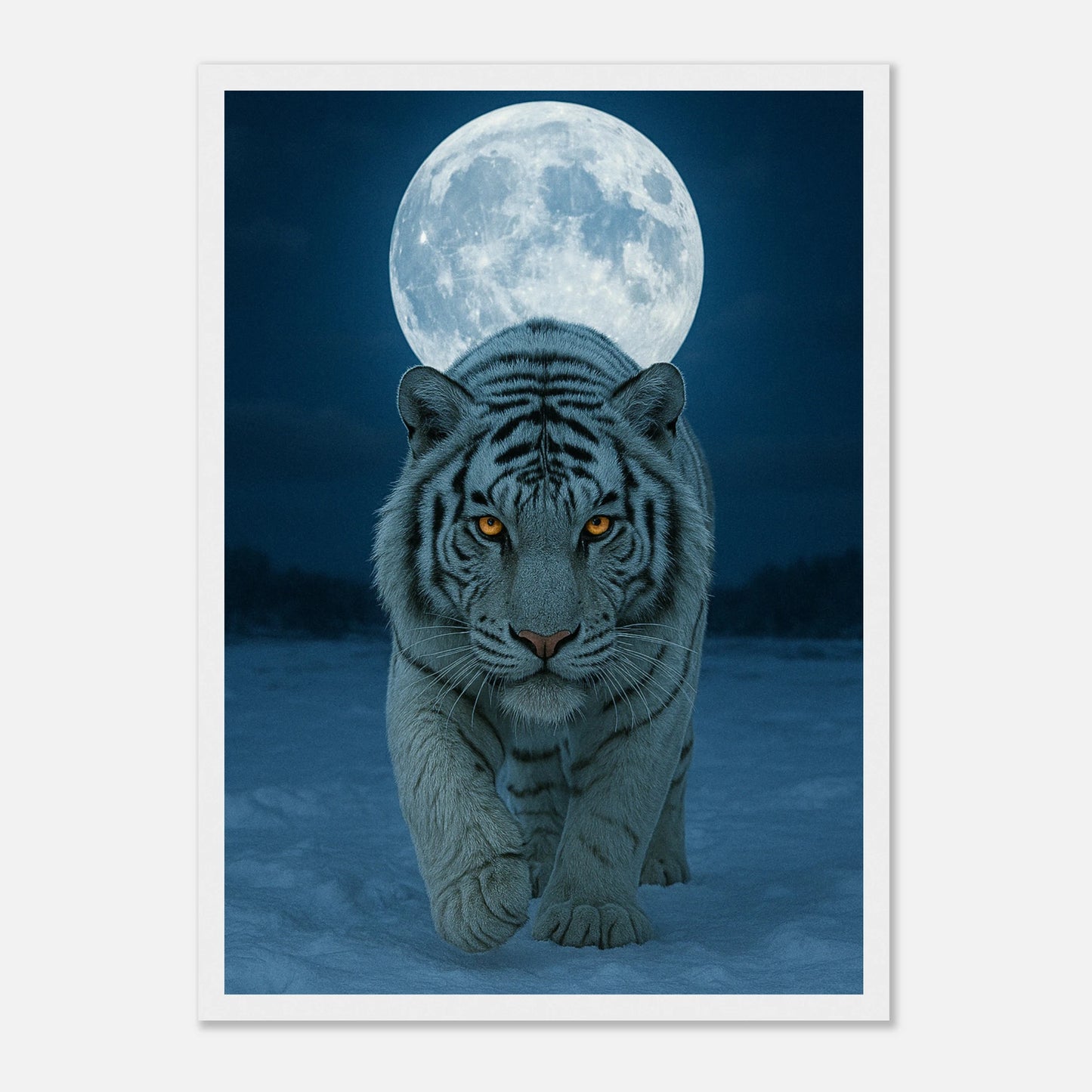 Wild Nights White Tiger Poster mit weißem Holzrahmen – majestätischer weißer Tiger im Mondlicht als mystisches Wandbild.
