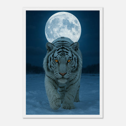 Wild Nights White Tiger Poster mit weißem Holzrahmen – majestätischer weißer Tiger im Mondlicht als mystisches Wandbild.