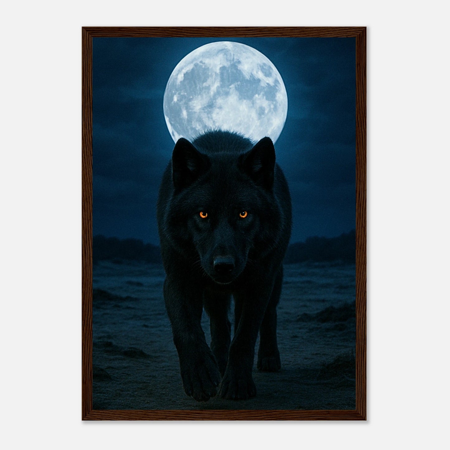 Wild Nights Wolf Poster mit dunkelbraunem Holzrahmen – kraftvolle Wanddekoration mit Wolf im Mondlicht.