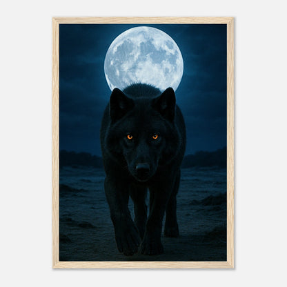 Wild Nights Wolf Poster mit hellbraunem Holzrahmen – geheimnisvolles Tiermotiv mit Wolf und Mond.