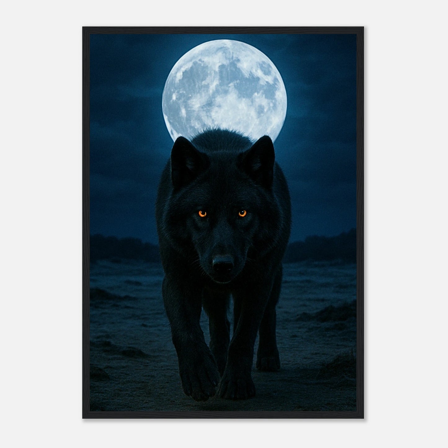Wild Nights Wolf Poster mit schwarzem Holzrahmen – edle Wandkunst mit schwarzem Wolf unter dem Vollmond.