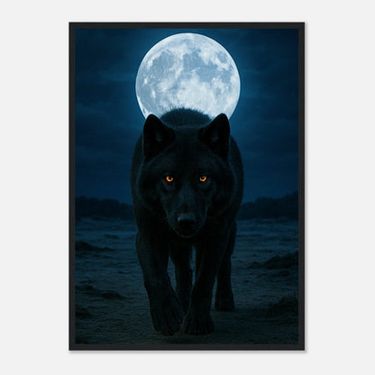 Wild Nights Wolf Poster mit schwarzem Holzrahmen – edle Wandkunst mit schwarzem Wolf unter dem Vollmond.