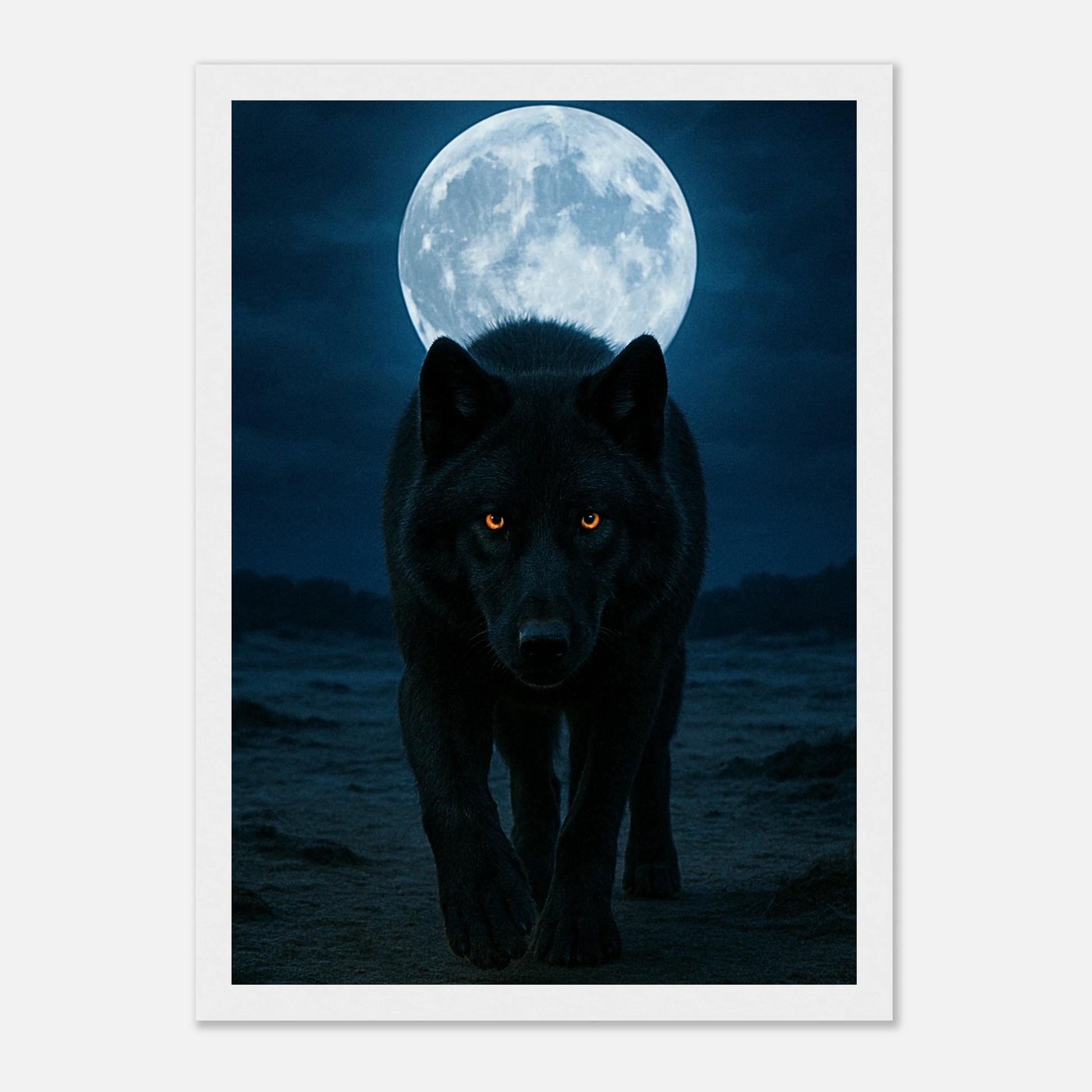 Wild Nights Wolf Poster mit weißem Holzrahmen – mystischer schwarzer Wolf unter Vollmond als Wandbild.