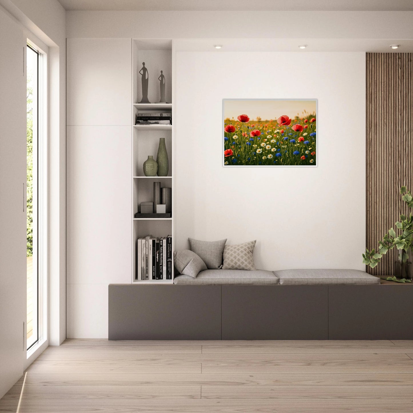 Wildflower Harmony Poster – Blumenbild aufgehängt an heller Wand, stilvolle Wohnzimmerdeko