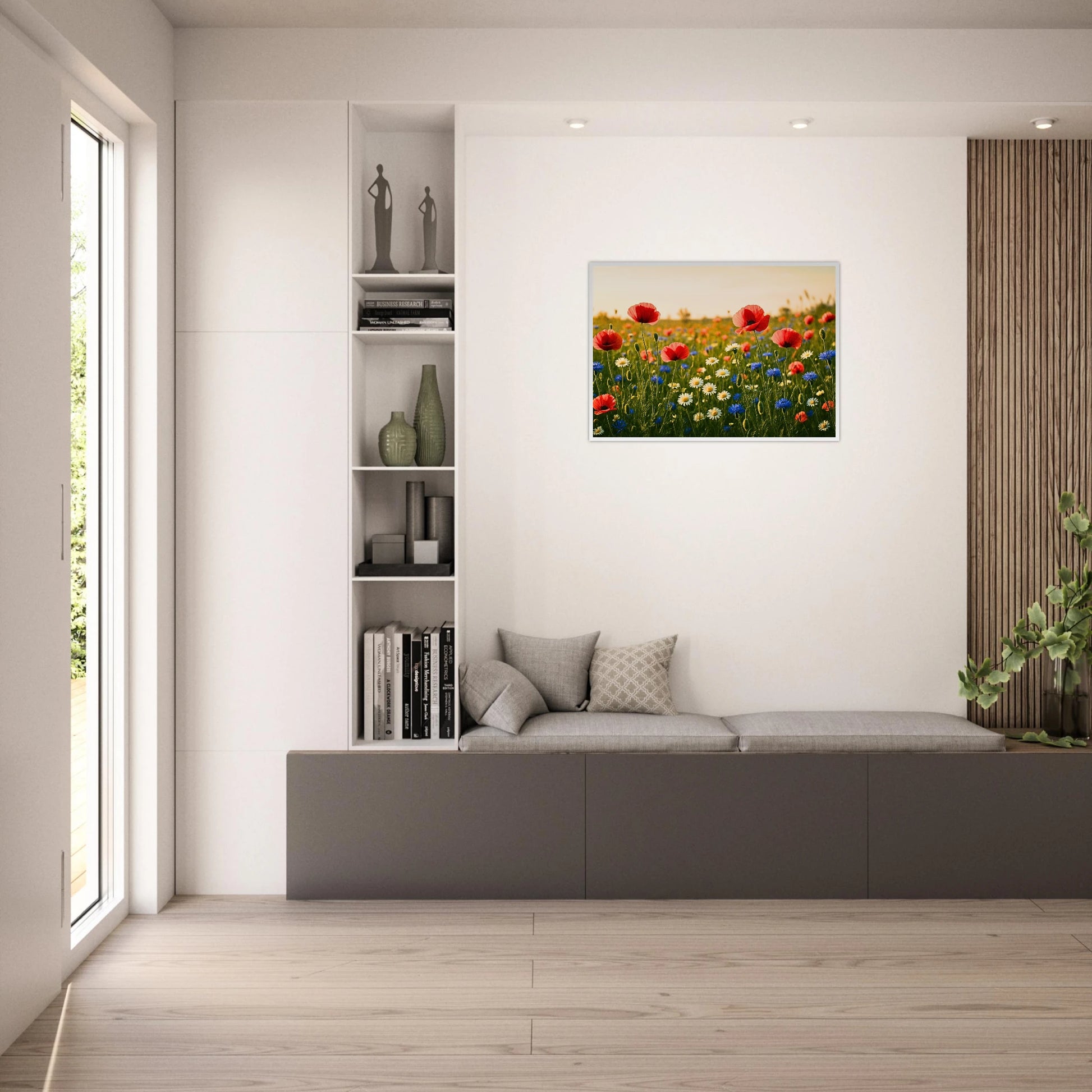 Wildflower Harmony Poster – Blumenbild aufgehängt an heller Wand, stilvolle Wohnzimmerdeko