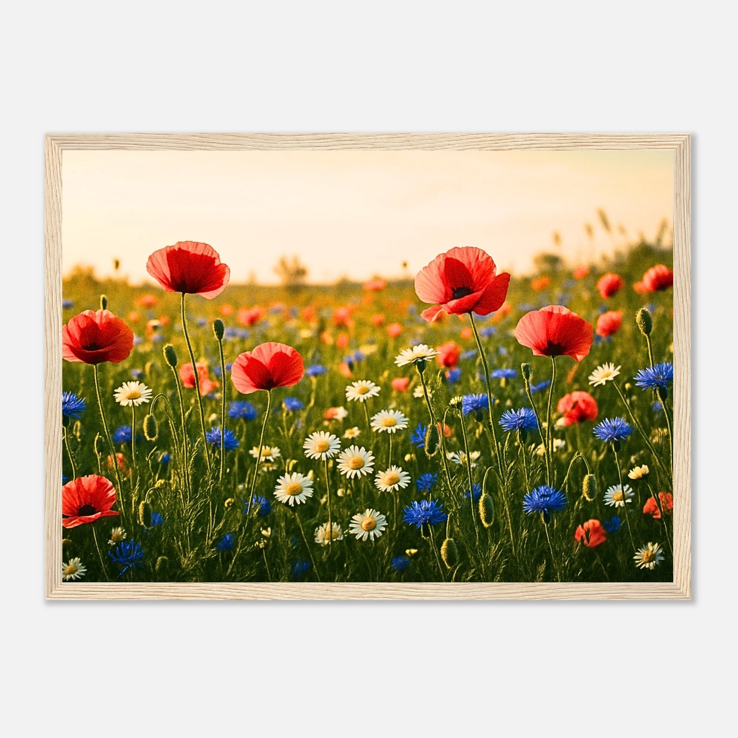 Wildflower Harmony Poster mit hellbraunem Holzrahmen – warmes Blumenbild als Wanddeko
