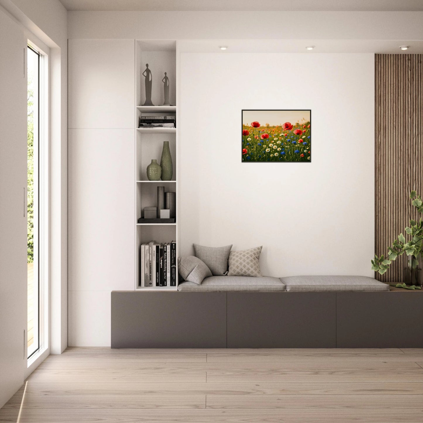 Wildflower Harmony Poster im hellen Wohnzimmer – farbenfrohes Blumenwiesen-Motiv bringt Wärme und Sommerstimmung in moderne Wohnräume.