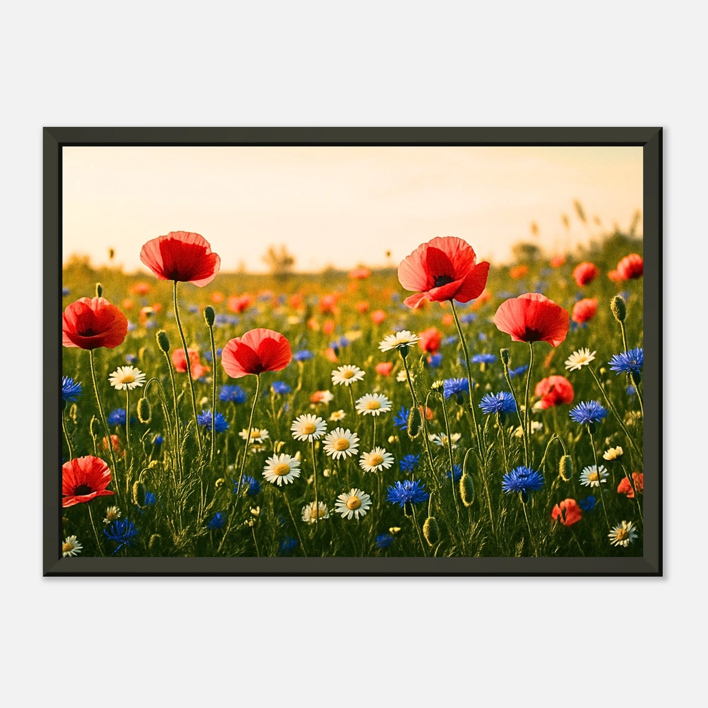 Wildflower Harmony Poster mit sanftem Lichtreflex im schwarzen Metallrahmen – sommerliche Wiesenblumen mit Mohn und Gänseblümchen in lebendigen Farben.