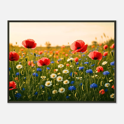 Wildflower Harmony Poster im schwarzen Metallrahmen – farbenfrohes Blumenwiesen-Motiv mit Mohn, Gänseblümchen und Kornblumen, hochwertiger Kunstdruck von Defa Designs.