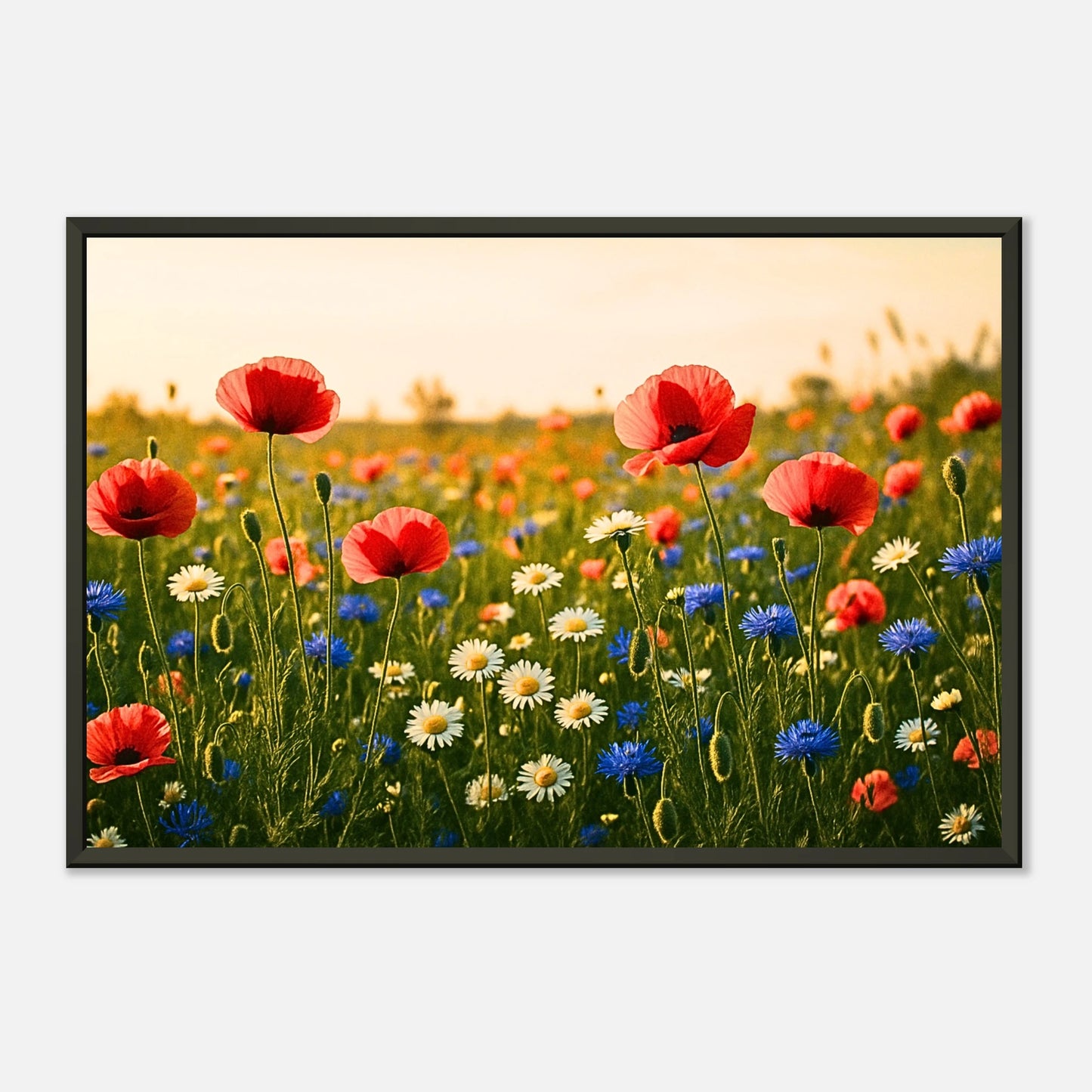 Wildflower Harmony Poster Seitenansicht – eleganter schwarzer Metallrahmen mit klarer Linienführung, zeigt die Tiefe und Qualität des Blumenkunstwerks.
