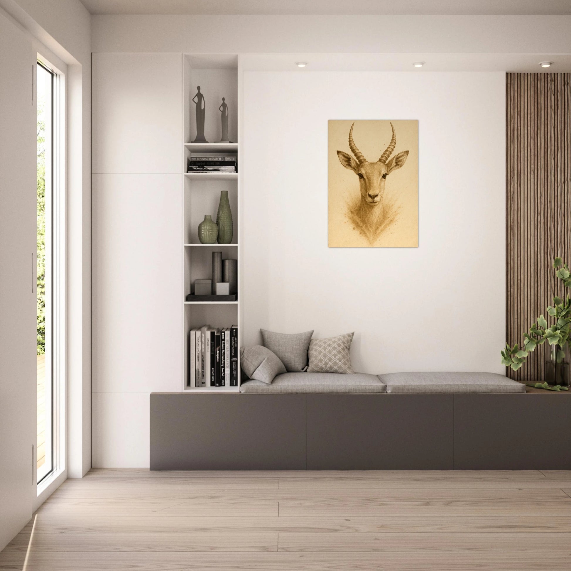 Wildlife antelope poster in modern interior, nature wall art print for living room decoration.