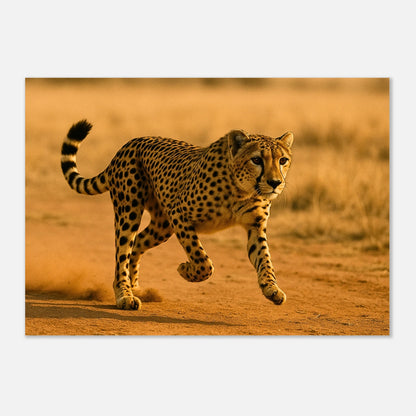 Desert Sprint Poster mit Gepard – hochwertige Wildlife Wandkunst ohne Rahmen auf Tisch präsentiert.