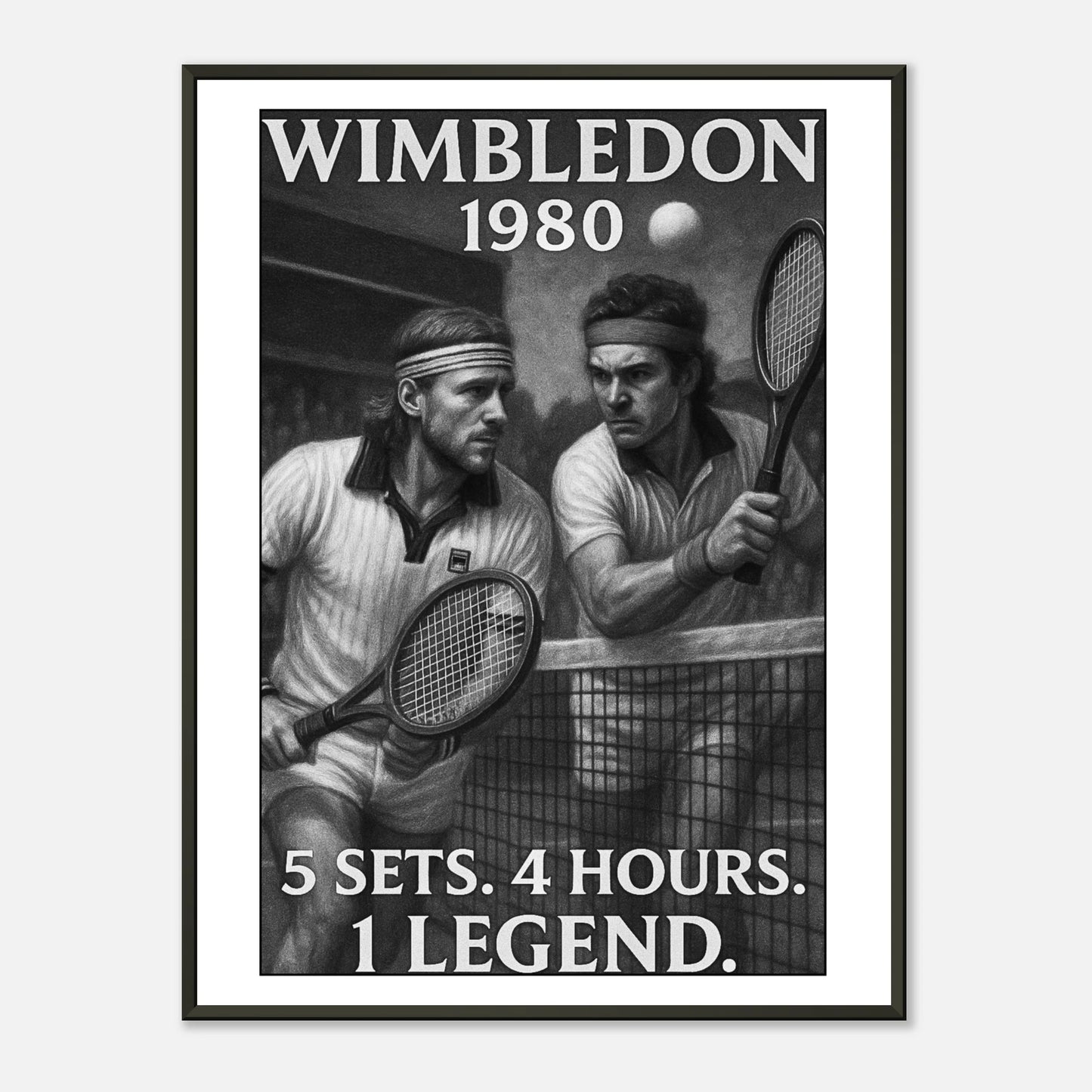 „Wimbledon 1980 – The Battle That Defined Tennis“ Poster im schwarzen Metallrahmen – ikonisches Tennis-Finalmotiv für echte Sportfans | DEFA Designs