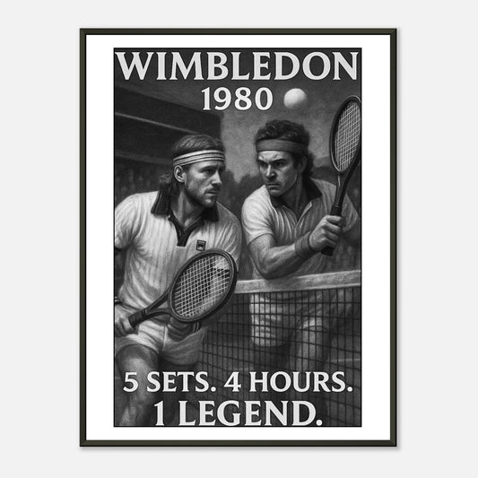 „Wimbledon 1980 – The Battle That Defined Tennis“ Poster im schwarzen Metallrahmen – ikonisches Tennis-Finalmotiv für echte Sportfans | DEFA Designs