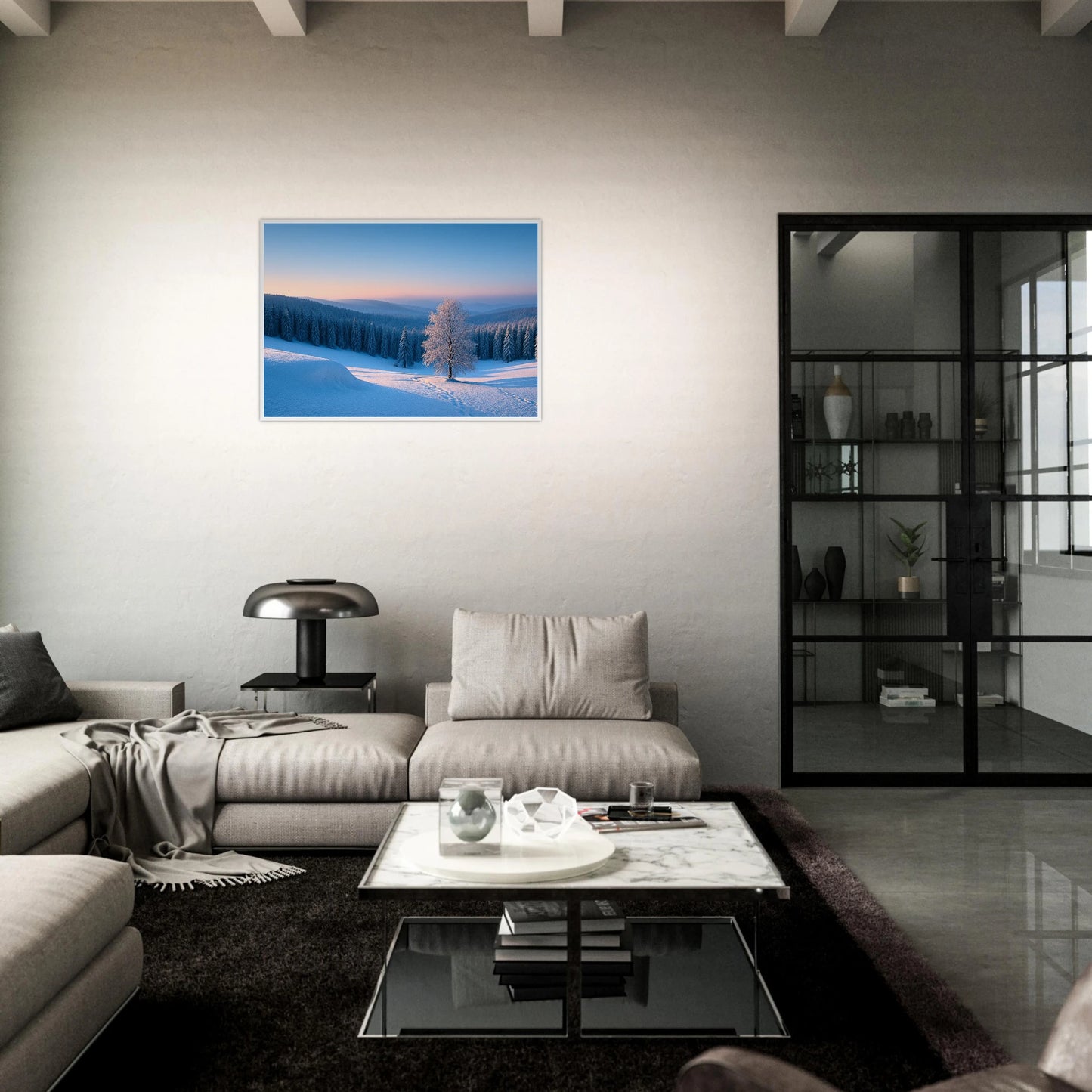 Winter Serenity Poster – Winterlandschaft Bild über Sofa im modernen Wohnzimmer