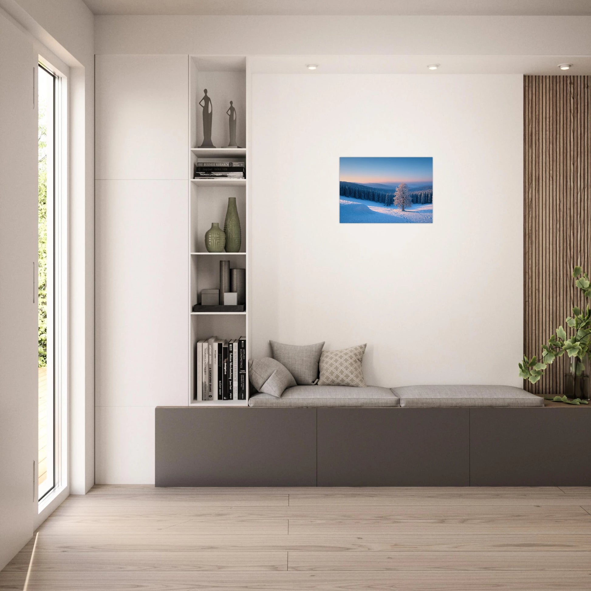 Winter Serenity snowy wall art above sofa – warm and peaceful interior design with winter landscape print.