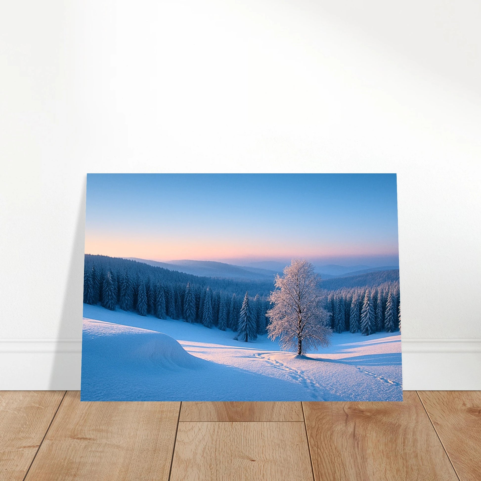  Winter Serenity winter art displayed in bright modern living room – calming snowy landscape wall decor.