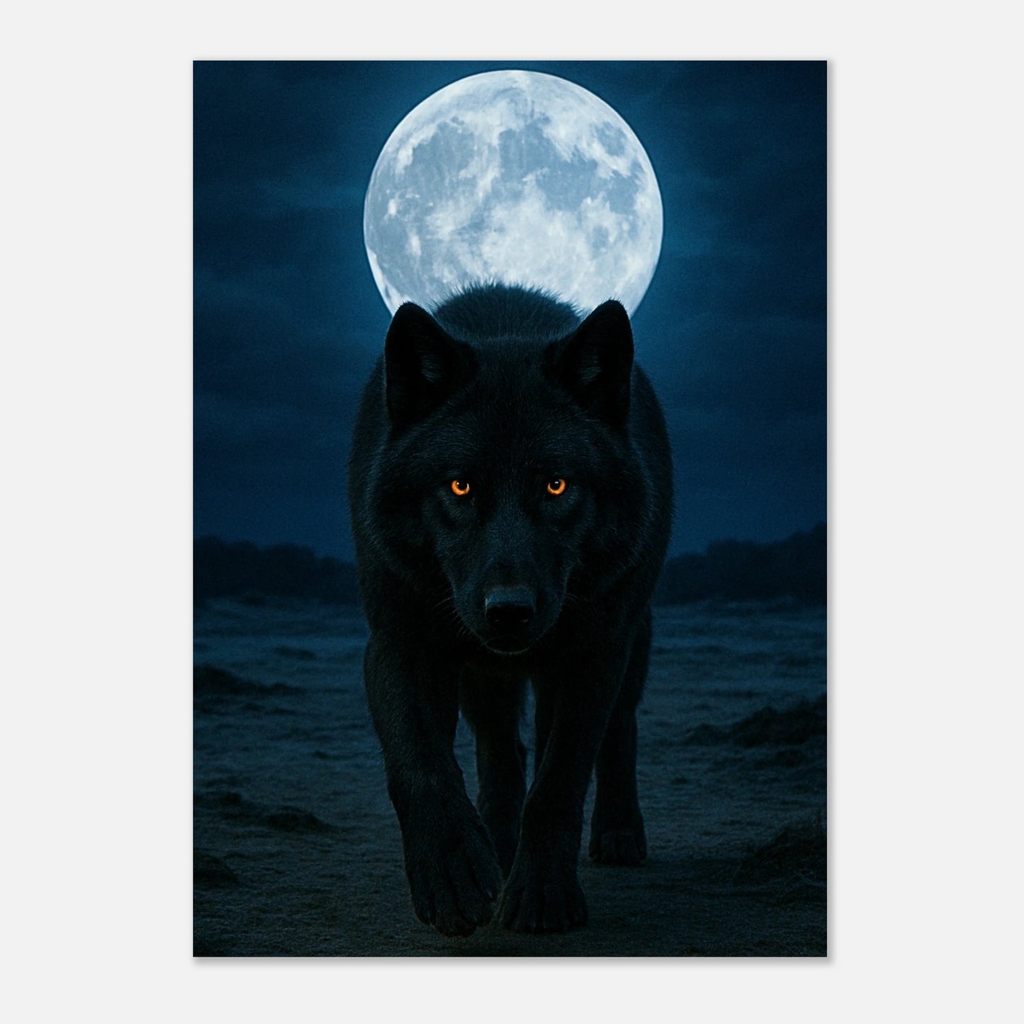 Wolf full moon wall art poster, night nature print with glowing-eyed wolf in dark forest setting.