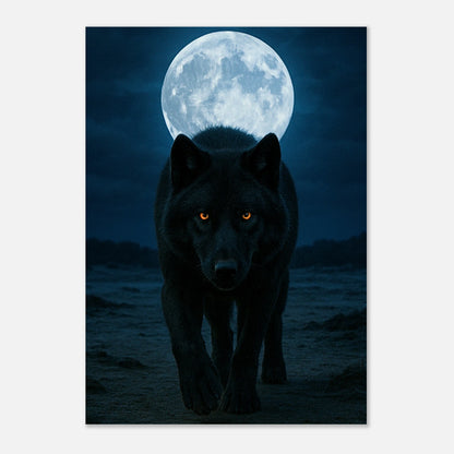 Wolf full moon wall art poster, night nature print with glowing-eyed wolf in dark forest setting.