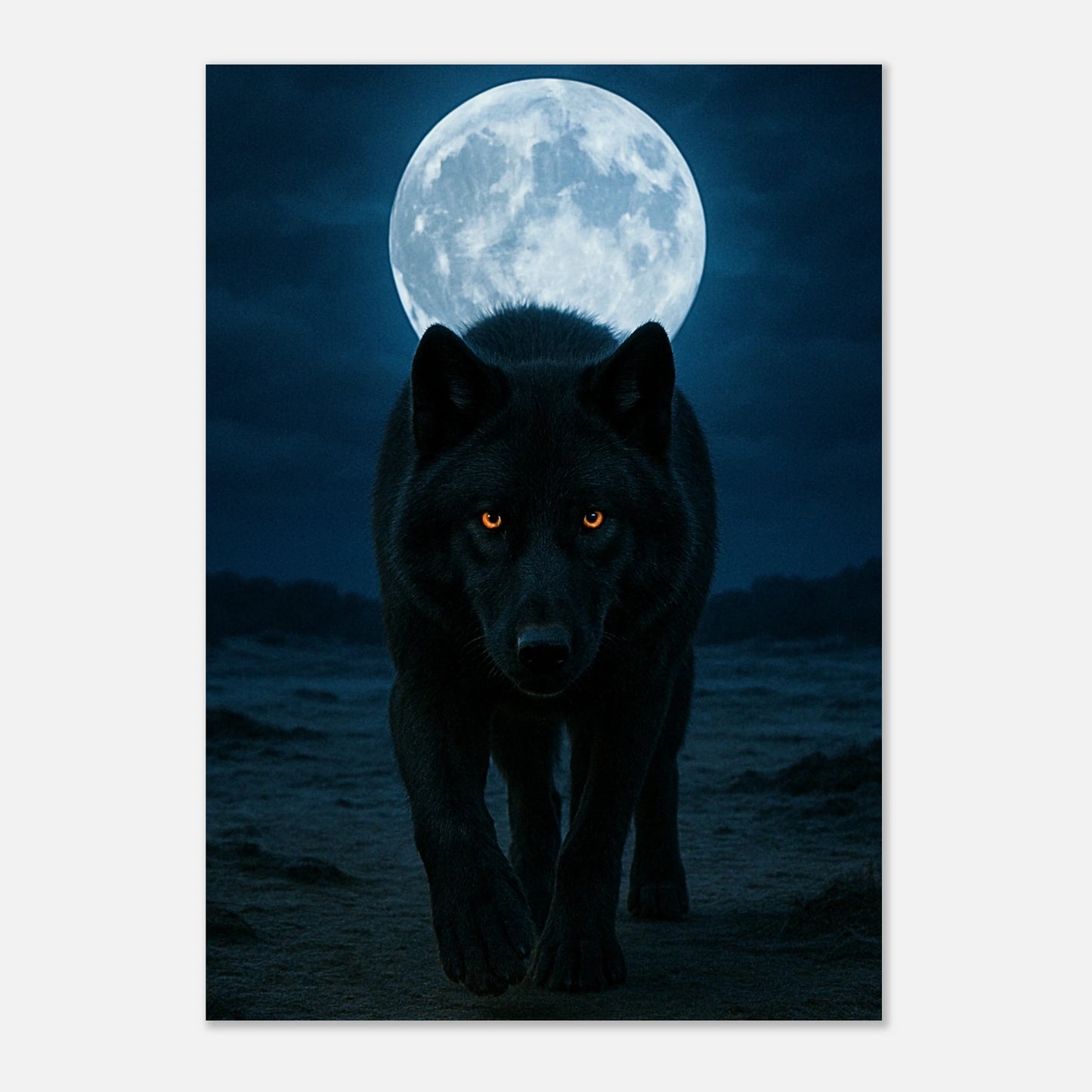 Wolf poster leaning on wooden table, full moon night wall art print for stylish home decor.