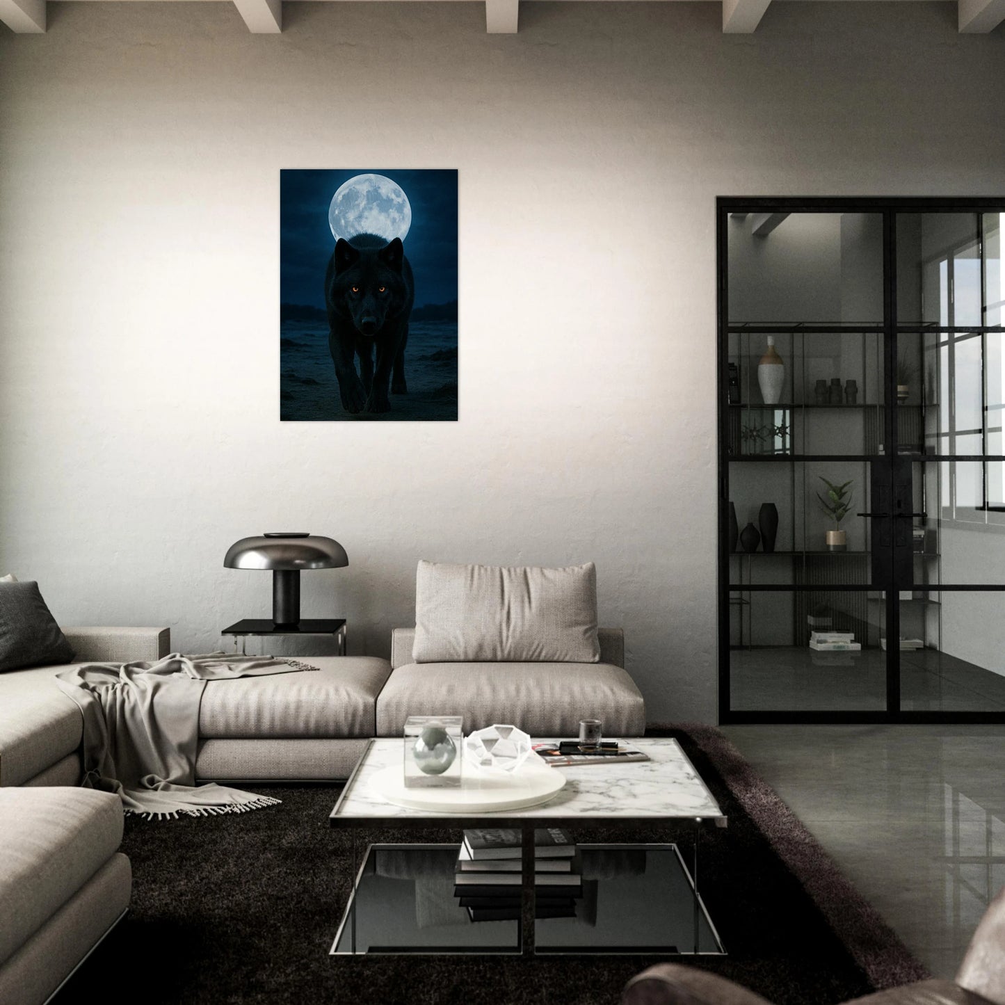 Wolf wall art poster, full moon night nature print for modern and rustic home decor.