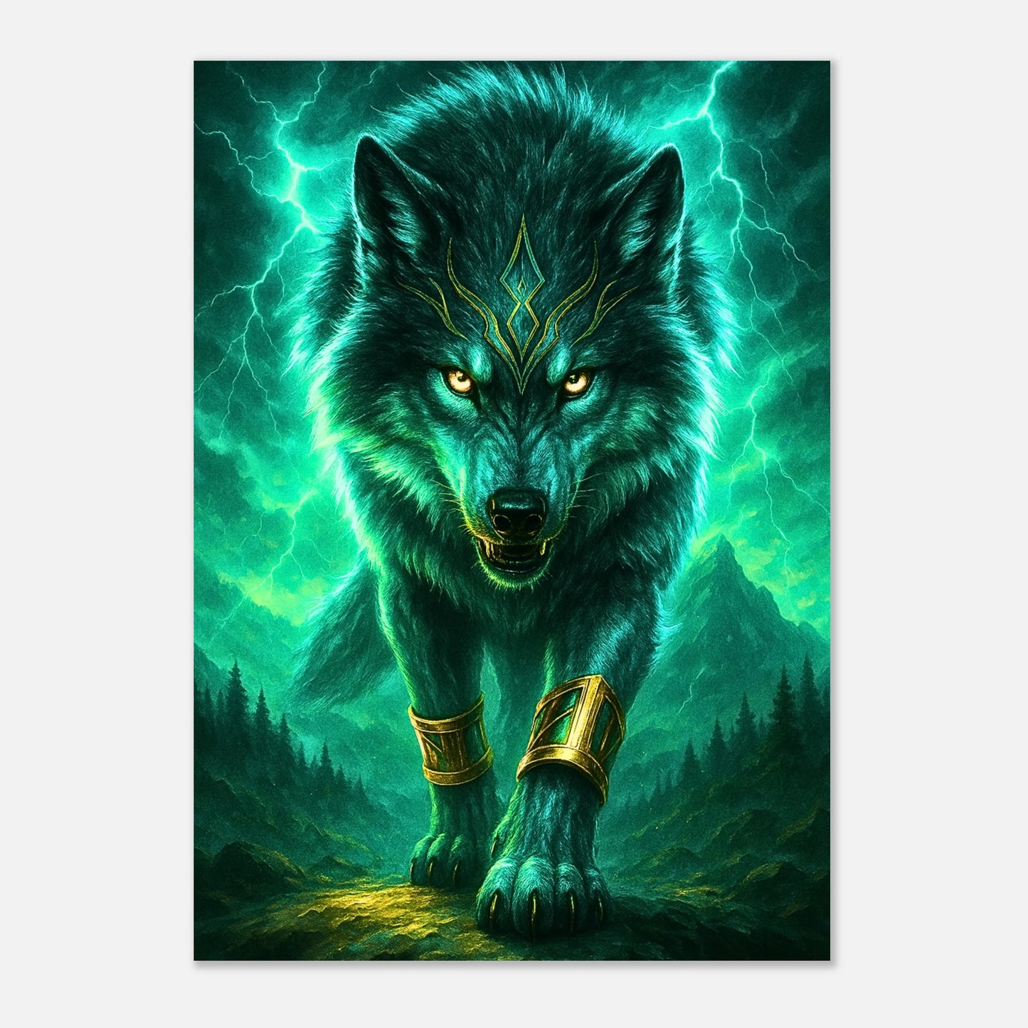 Wolf wall poster in fantasy style, glowing green energy background for living room decor