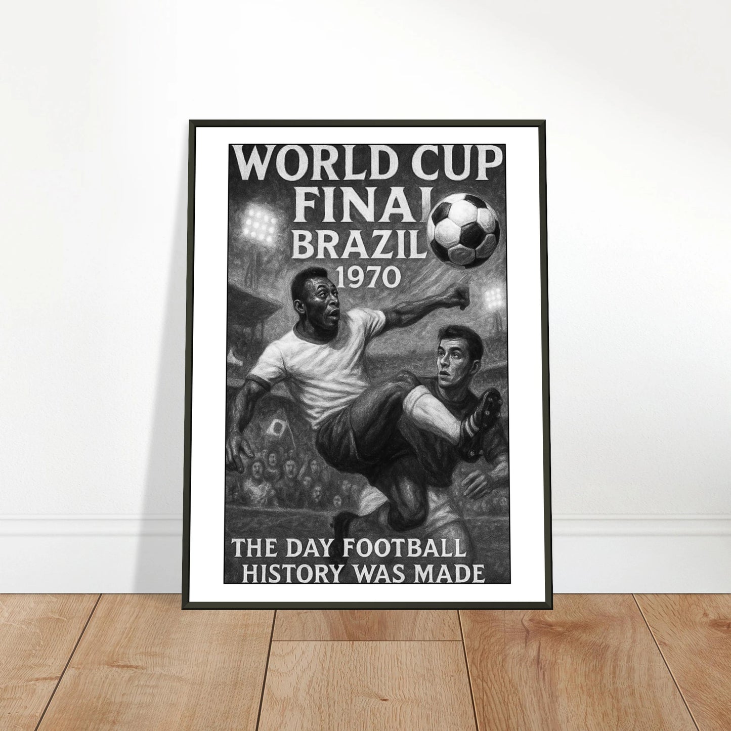 World Cup 1970 Poster an die Wand gelehnt | Vintage Fußballmotiv im schwarzen Metallrahmen | Kunst von DEFA Designs