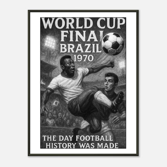 World Cup 1970 Poster im schwarzen Metallrahmen | Vintage Fußballkunst mit legendärer WM-Szene | DEFA Designs