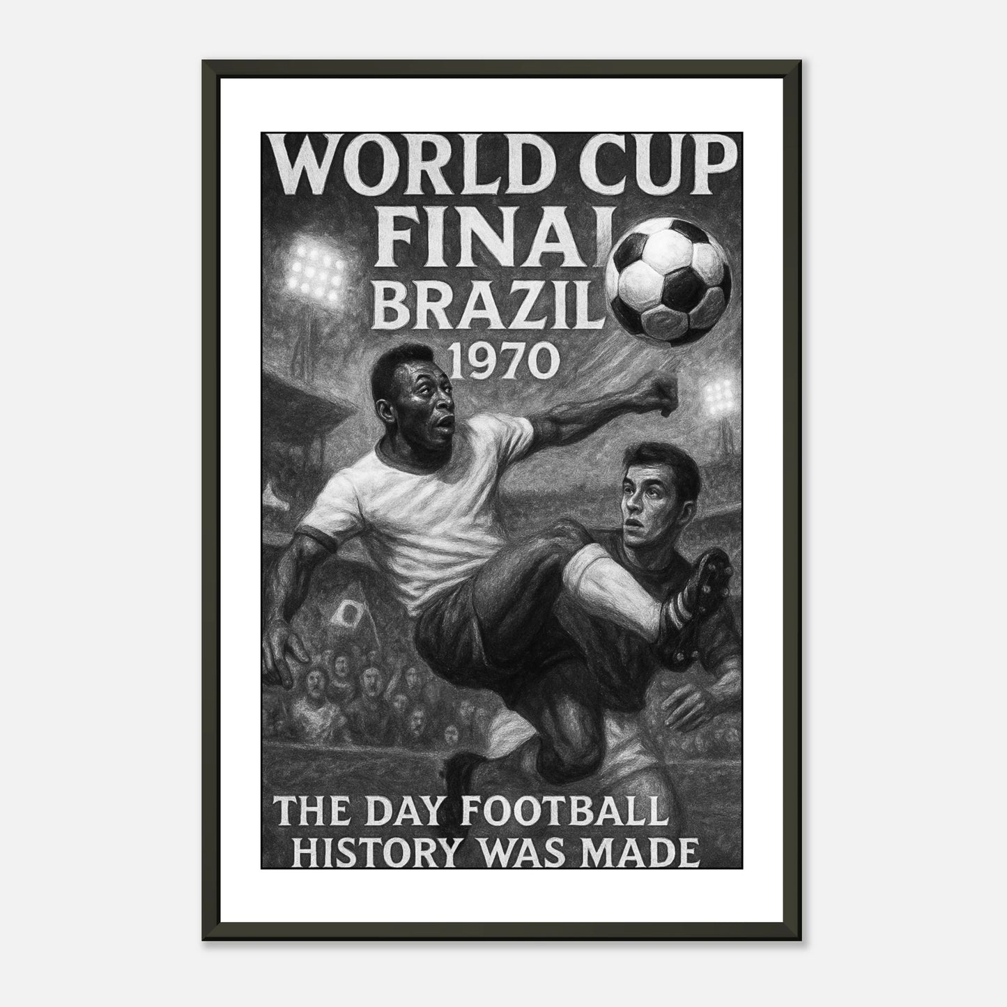 World Cup Final 1970 Brazil Poster | Schwarz-weiß Kunstmotiv mit ikonischem Fußballmoment | Eleganter schwarzer Metallrahmen | DEFA Designs