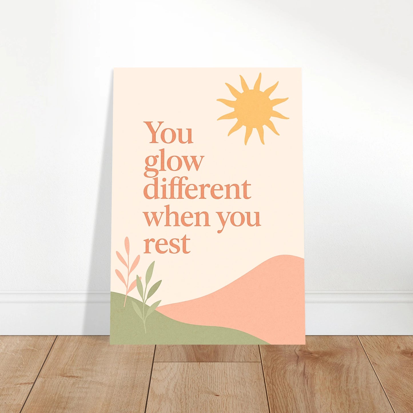 You Glow Different motivational poster leaning on floor – minimalist pastel wall art