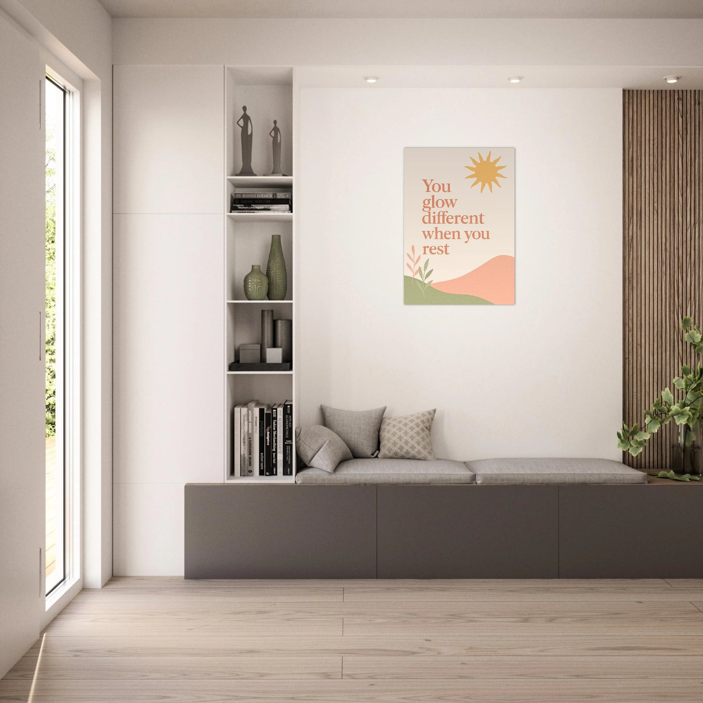 You Glow Different wall art – motivational pastel poster in bright modern living room interior