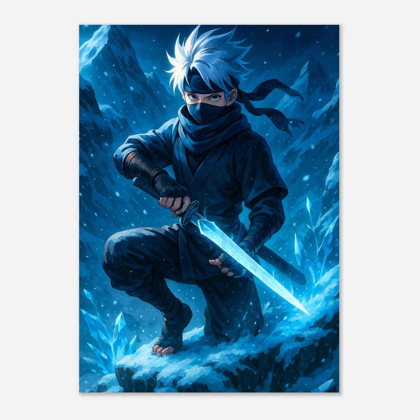 Anime Poster Yukito – Blade of the Frozen Peak, hochwertiger Kunstdruck mit Eis-Samurai Motiv, moderne Wanddeko
